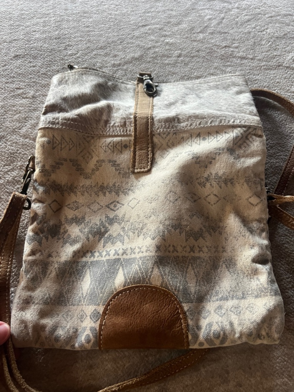 Myra Neutral Patterned Canvas Crossbody Bag with cowhide Trim - Picture 4 of 8
